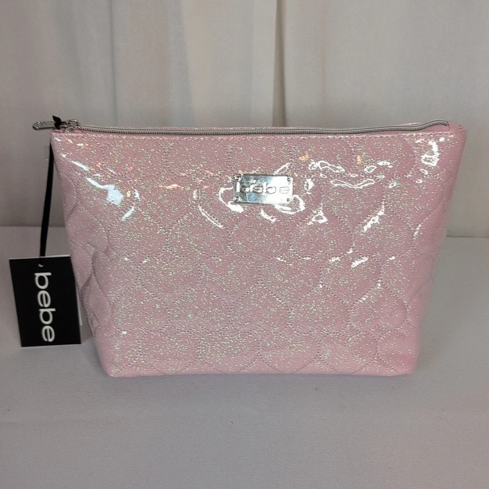 Bebe Pink Heart Quilted Shimmer Large Travel Cosmetic Bag 2 Travel Bottles NWT